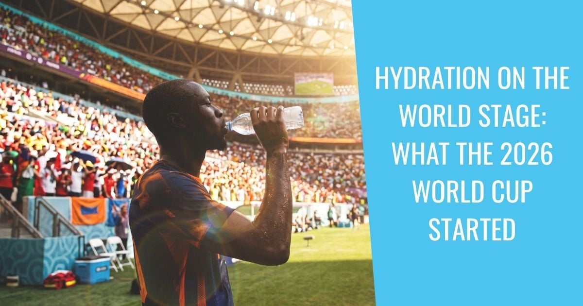 Players taking a mandatory hydration break during a 2026 World Cup match in extreme heat